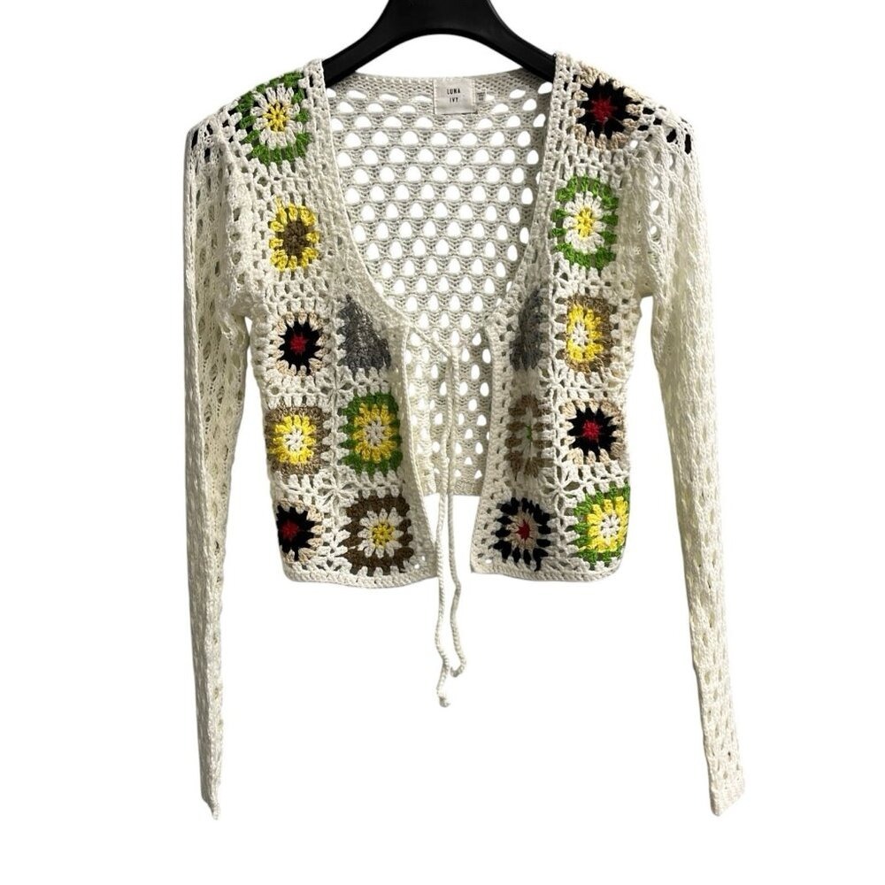 Luna Ivy Cardigan Crochet Granny Square Open Front Cropped Size XS Boho Festival